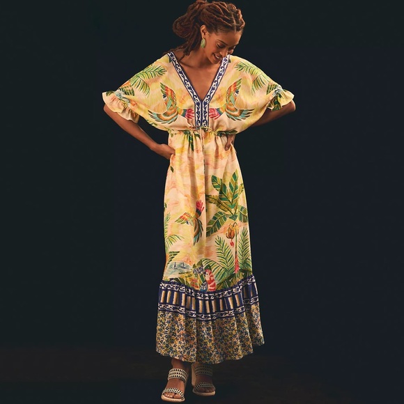 NWT Farm Rio V-Neck Macaw Paradise Maxi Dress Bird Size M Medium